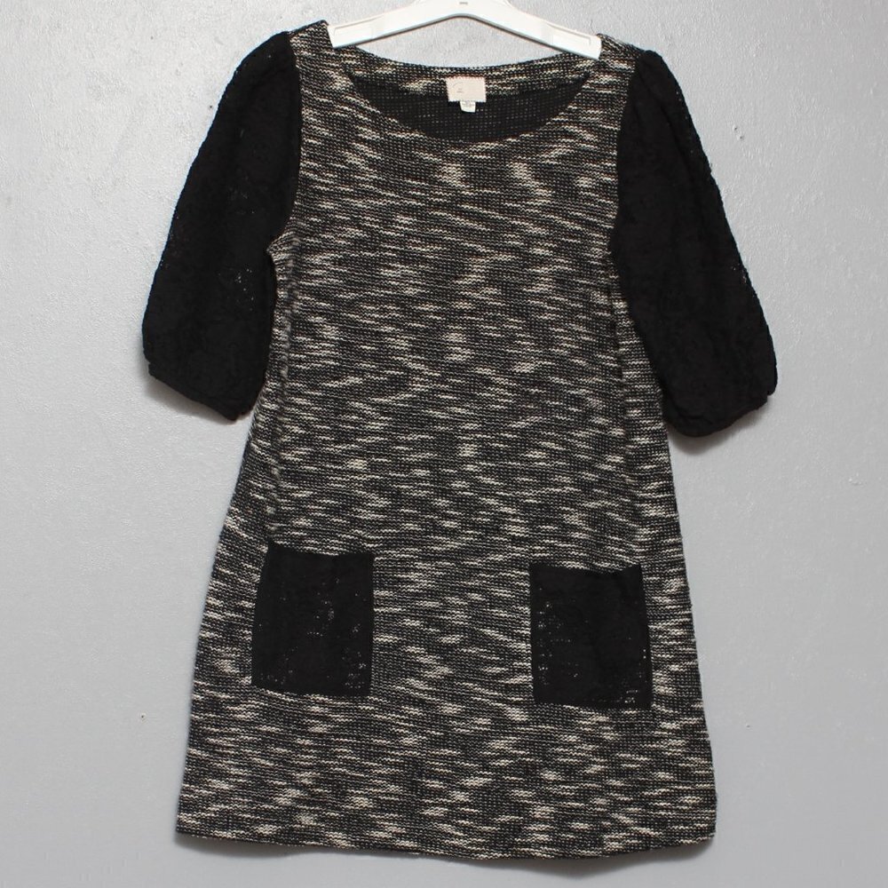 Anthropologie Postmark Tweed Black lace sleeve pocket tunic dress